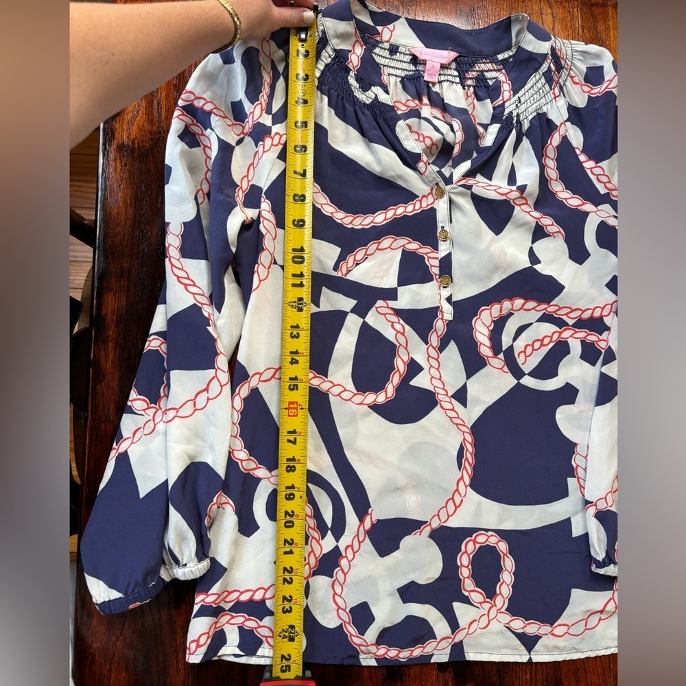 Lilly Pulitzer Elsa Blouse Navy Nautical Anchor Rope Booze Cruise Print SZ Small - Picture 5 of 8